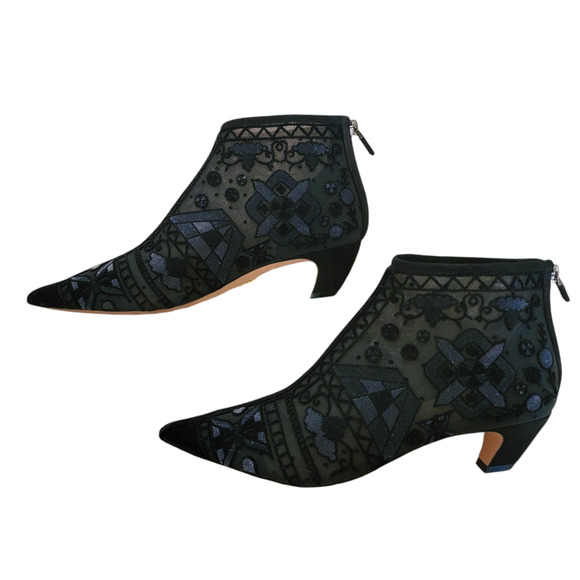 Christian Dior Black Dioreve Embroidered Pointed Toe Ankle Boots Velvet 8 38 - Picture 10 of 11